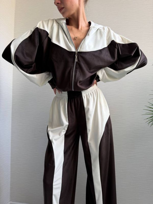 Велюровий спортивний костюм, коричневий з білим, 46-48(M-L) (арт.820EB)
