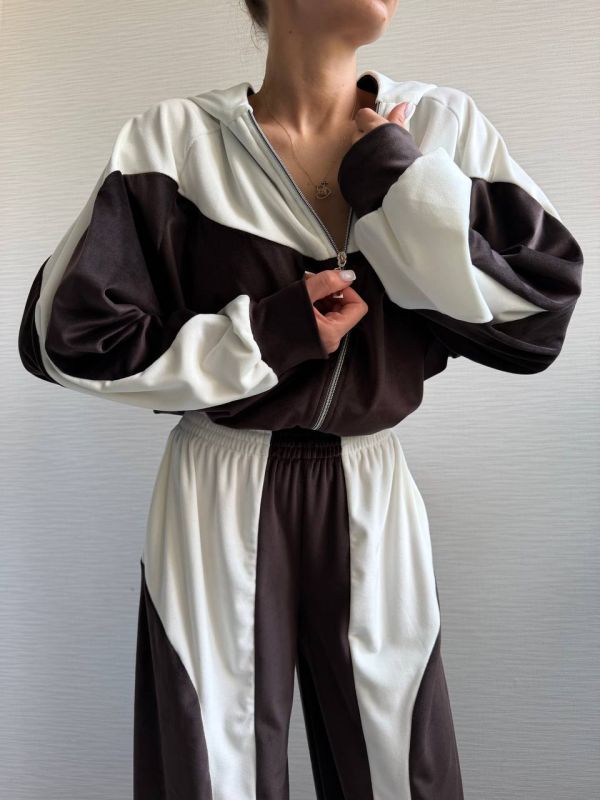 Велюровий спортивний костюм, коричневий з білим, 46-48(M-L) (арт.820EB)