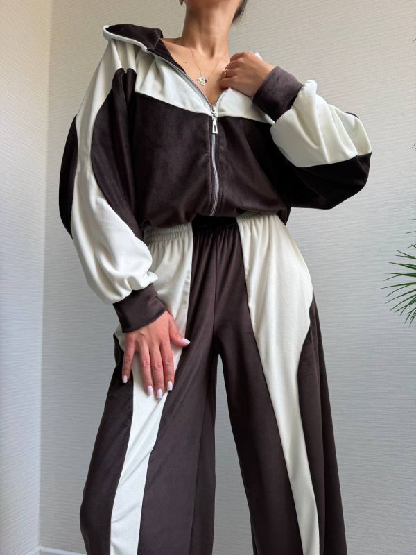 Велюровий спортивний костюм, коричневий з білим, 46-48(M-L) (арт.820EB)