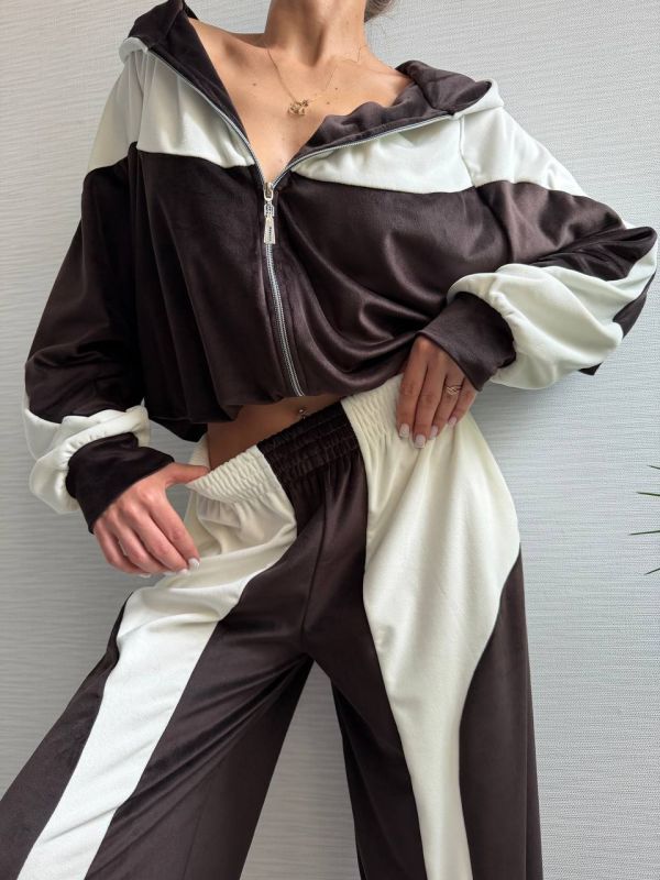 Велюровий спортивний костюм, коричневий з білим, 46-48(M-L) (арт.820EB)