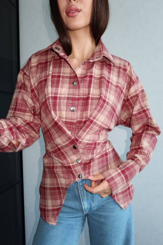 Жіноча асиметрична фланелева сорочка з акцентом на талії, червоний, One size, (арт. 033GB)