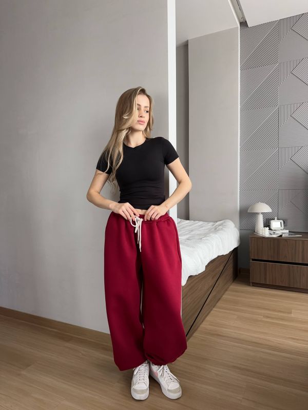 Широкі спортивні штани (джогери), трьохнитка на флісі, бордовий, One Size (арт. 397SH)