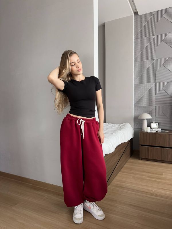 Широкі спортивні штани (джогери), трьохнитка на флісі, бордовий, One Size (арт. 397SH)