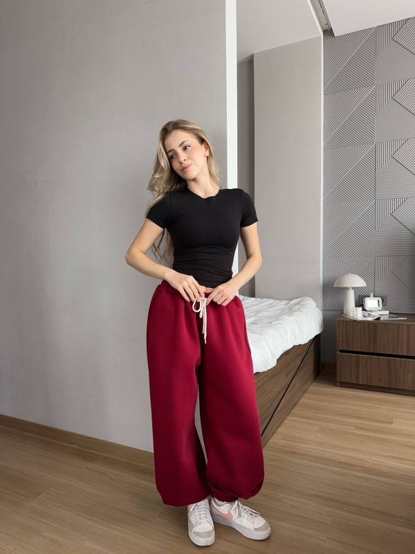 Широкі спортивні штани (джогери), трьохнитка на флісі, бордовий, One Size (арт. 397SH)