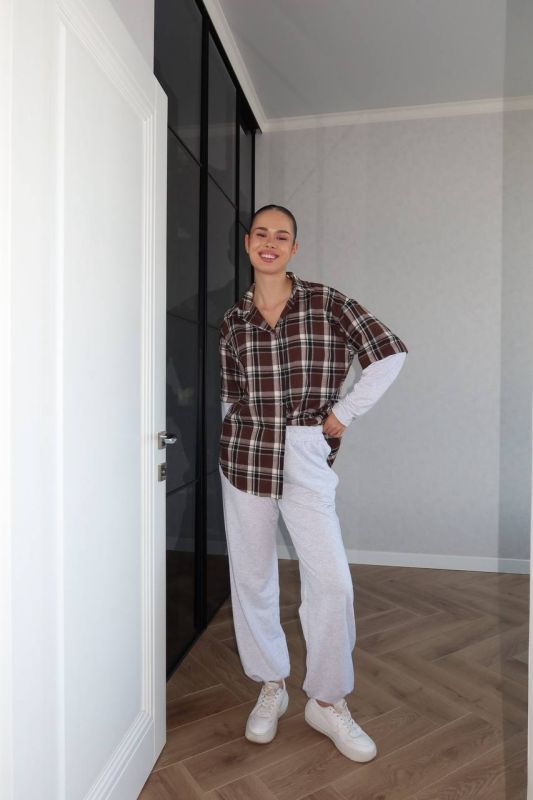 Жіночий костюм сорочка в клітинку та джогери, сірий з коричневим One Size (0766IR)
