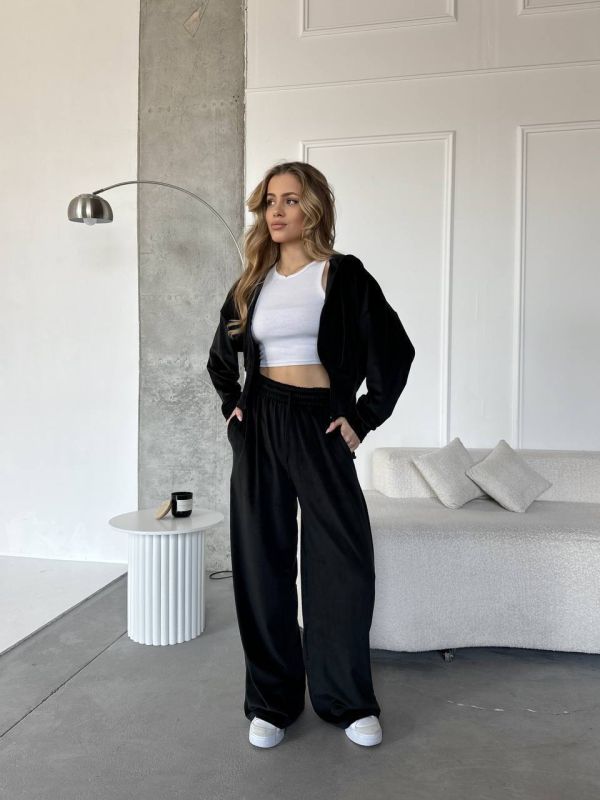 Жіночий велюровий костюм кофта на змійці та штани, чорний, 42-44 (Арт. 0180MB)