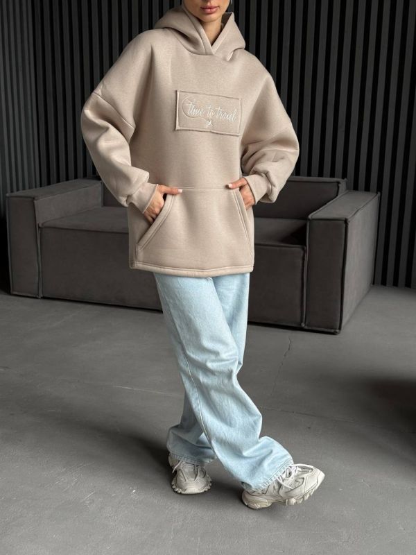 Худі жіноче Oversize, бежевий, one size, трьохнитка на флісі (не кошлатиться), арт. 022GB