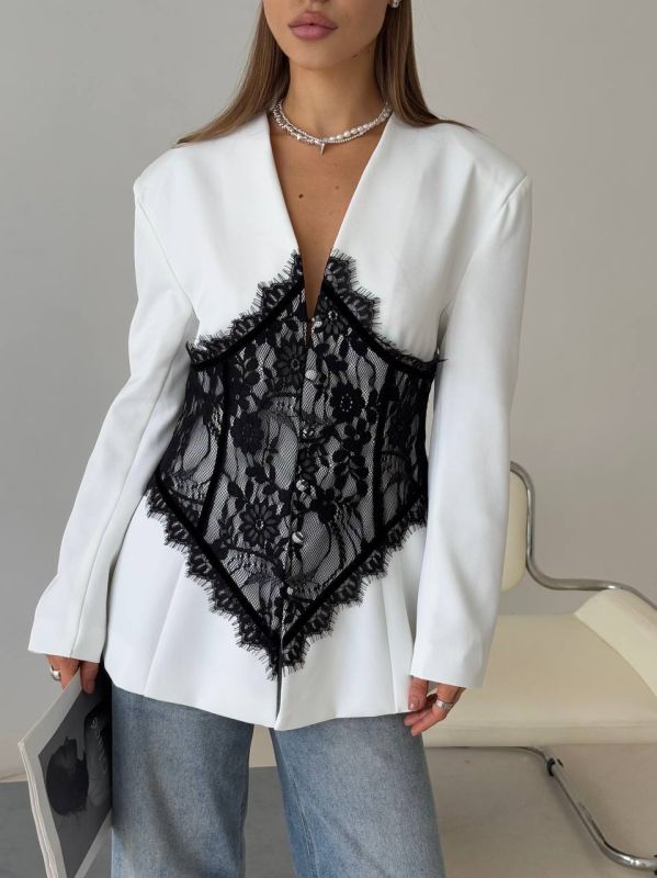 Піджак жіночий з ажурним мереживом, білий із чорним гіпюром, р. 48-50 (арт. BT3016)