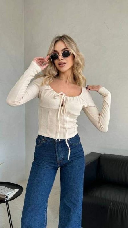 Лонгслів в рубчик Podolyanka на зав'язках бежевий One Size (Арт. 5690)