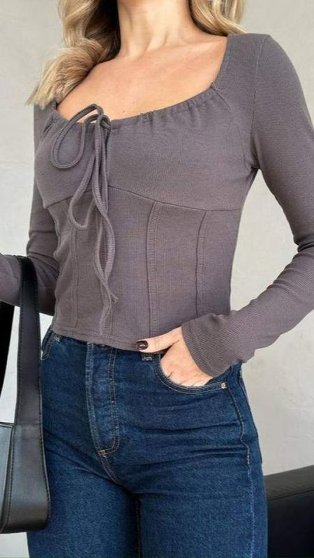 Лонгслів в рубчик Podolyanka на зав'язках сірий One Size (Арт. 5690)